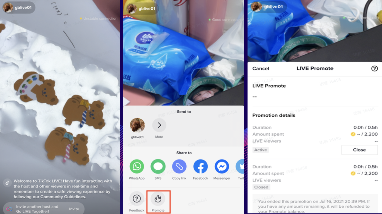 这张图展示了TikTok直播间内使用Promote(抖加)功能的相关操作界面。左侧是TikTok的直播间界面,显示了卡通小熊图案,底部有欢迎语和分享按钮选项;中间界面的分享弹窗中,用红色方框特别标注了“Promote”图标,对应操作步骤里的点击分享后选择该功能的流程;右侧是“LIVE Promote”的功能详情页面,清晰列出了已结束的推广订单的时长、花费、观众数量等数据,还标注了推广的结束时间,和文档中介绍的抖加功能入口及推广效果查看的内容相匹配,对应抖音版抖加(Promote)用于推广直播间的操作场景。