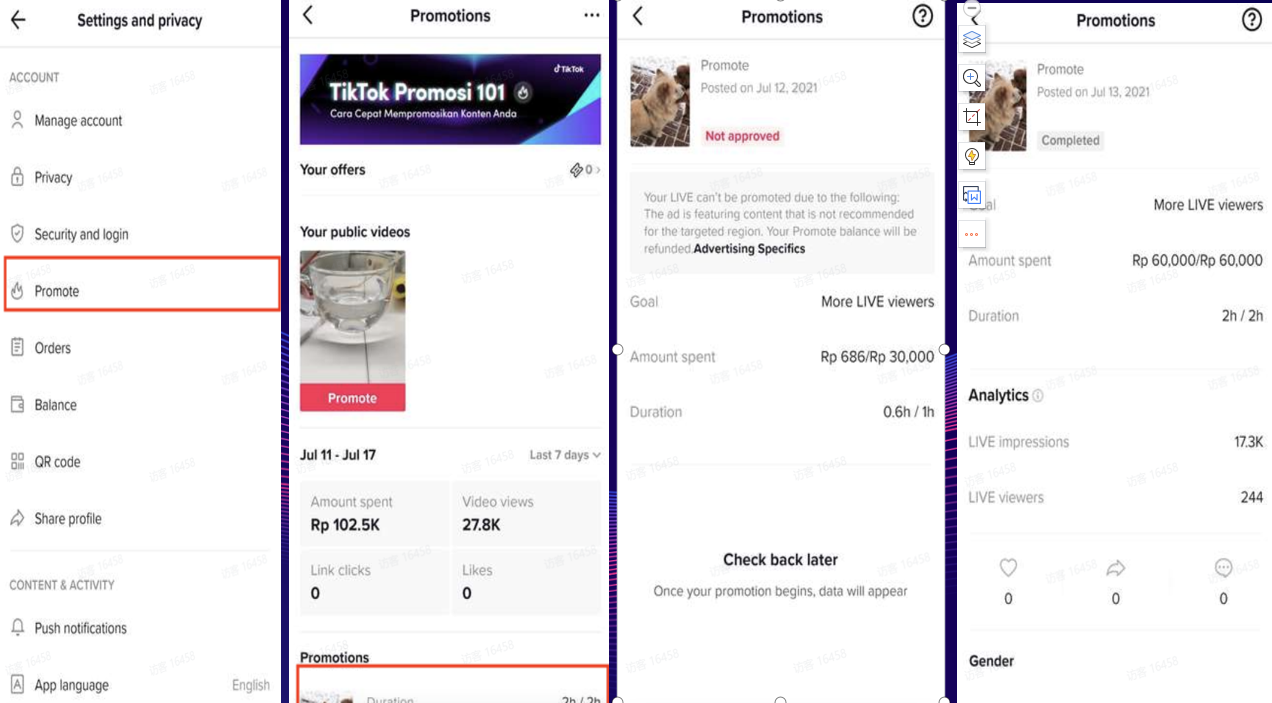 图片展示了TikTok平台中查看Promote直播加热效果的三种方法。左侧为“Settings and privacy”页面,红框突出“Promote”选项。中间是“Promotions”页面,显示了“TikTok Promosi 101”推广信息及7天内数据。右侧是“Promotions”页面,呈现了“Not approved”推广订单的详细信息,如目标、金额、时长等,还显示了“Analytics”下的观看者数量、曝光量等数据。该图片与文档中介绍查看Promote直播加热效果的方法内容相呼应。