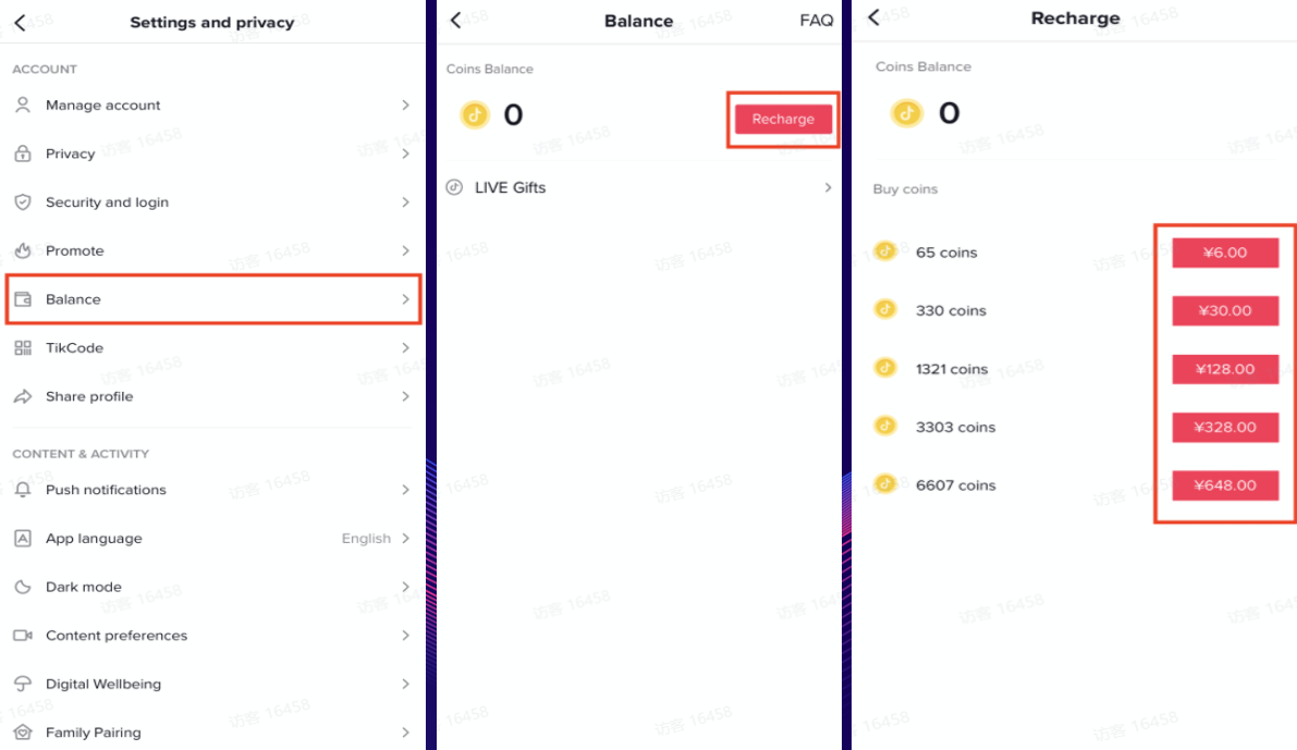 图片展示了TikTok iOS用户/欧洲用户通过Apple Pay充值金币的操作界面。左侧为设置和隐私菜单,突出显示“Balance”选项。中间界面显示金币余额为0,有“Recharge”充值按钮。右侧界面同样显示金币余额为0,有“Buy coins”购买金币选项,下方列出不同金币数量及对应价格,如65金币6.00美元、330金币30.00美元等,其中648.00美元对应6607金币。该图片直观呈现了充值金币的操作步骤和界面。