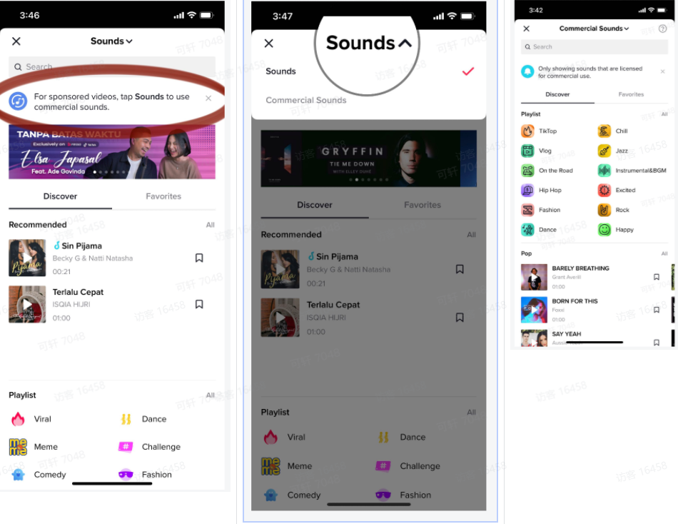 图片展示了TikTok Sounds页面及商业音乐表界面。左侧显示“Sounds”页面,有“Discover”“Favorites”等选项,底部有“Playlist”“Viral”等分类标签,其中“Viral”标签被红圈突出显示。中间是“Sounds”页面,顶部有“Sounds”字样,下方有“Commercial Sounds”选项。右侧是“Commercial Sounds”页面,有“Discover”“Favorites”选项,底部有“Playlist”“Viral”等分类标签,其中“Viral”标签被红圈突出显示。该图片与上下文介绍的在TikTok找到商业音乐入口的操作步骤相关,直观呈现了操作后的页面变化。