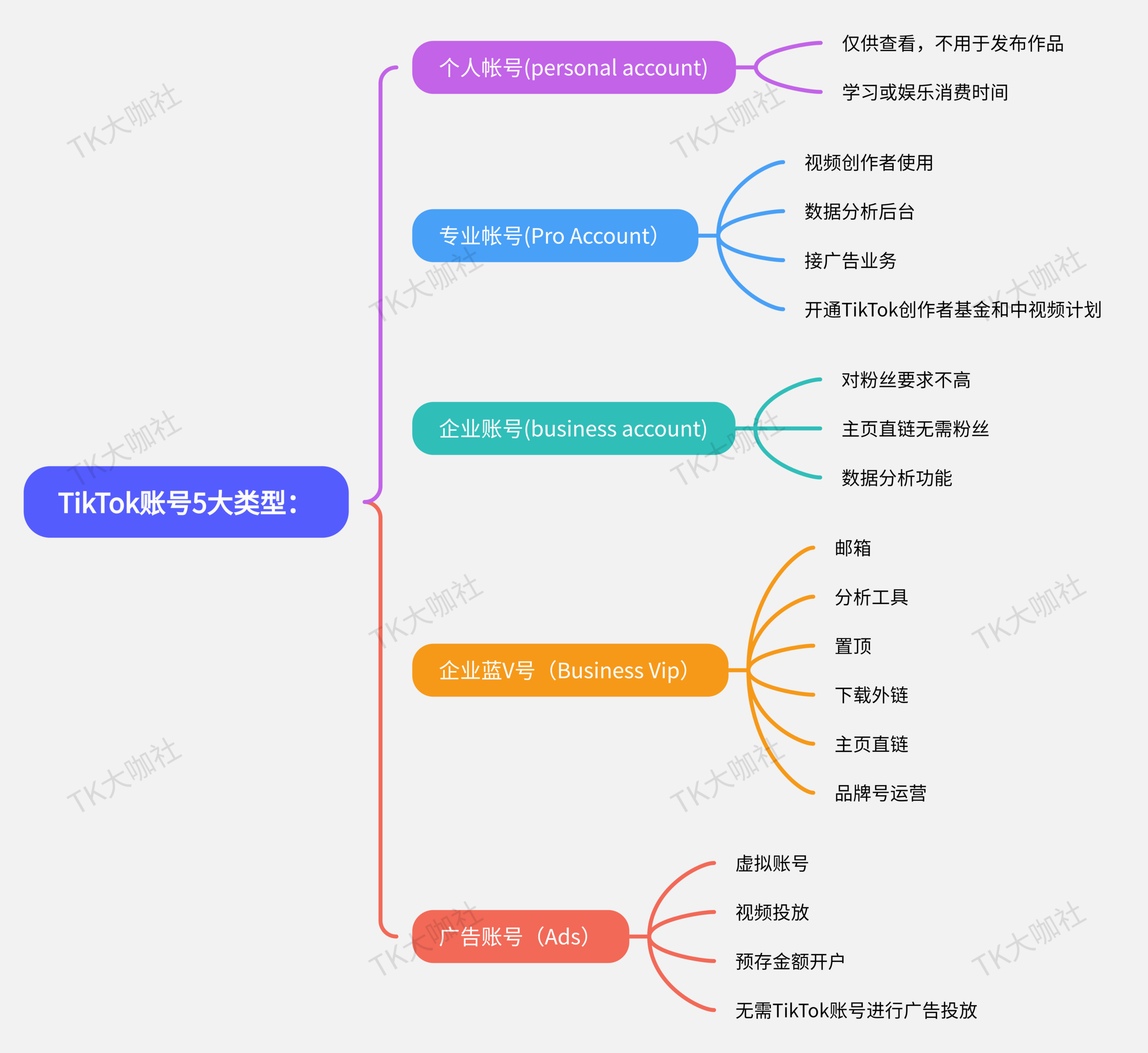 图片展示了TikTok账号的5大类型,包括个人账号、专业账号、企业账号、企业蓝V号和广告账号。个人账号仅供查看,不用于发布作品;专业账号是视频创作者使用,有数据分析后台等;企业账号对粉丝要求不高,有数据分析功能;企业蓝V号是企业品牌号,有邮箱、分析工具等;广告账号是虚拟账号,可进行视频投放。该图与上文介绍的TikTok账号类型内容相呼应,直观呈现各类账号特点。