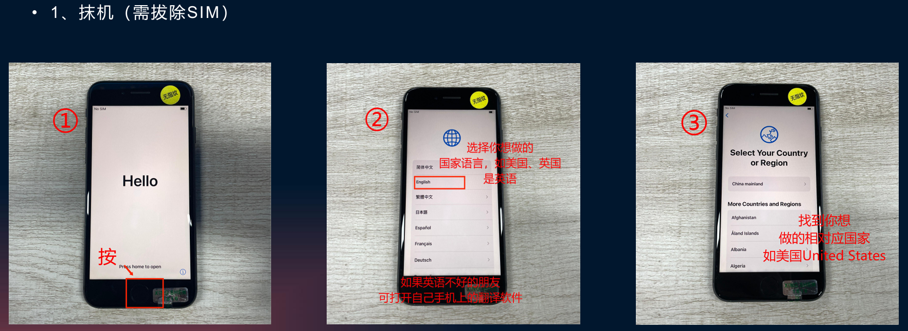 图片展示了在iPhone上下载安装TikTok的步骤。①为手机屏幕显示“Hello”界面,需按住屏幕;②为选择国家语言,需选择美国或英国等英语国家;③为选择对应国家,如美国United States。该图片与文档中“TikTok如何下载安装?”的内容相关,直观呈现了下载安装步骤中的关键操作画面。