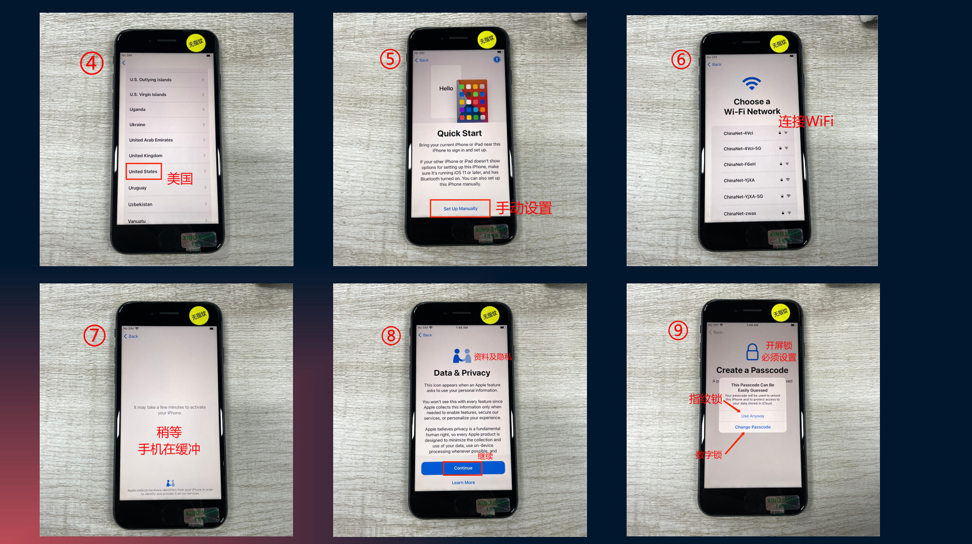 图片展示了在iPhone上下载安装TikTok的步骤。从设置还原iPhone开始,依次是选择国家/地区、进行Quick Start、选择Wi - Fi网络、设置密码、稍等手机缓冲、阅读Data & Privacy、最后创建密码。图片与文档中“TikTok如何下载安装?”的内容对应,直观呈现了操作步骤,帮助用户清晰了解下载安装TikTok的具体流程。