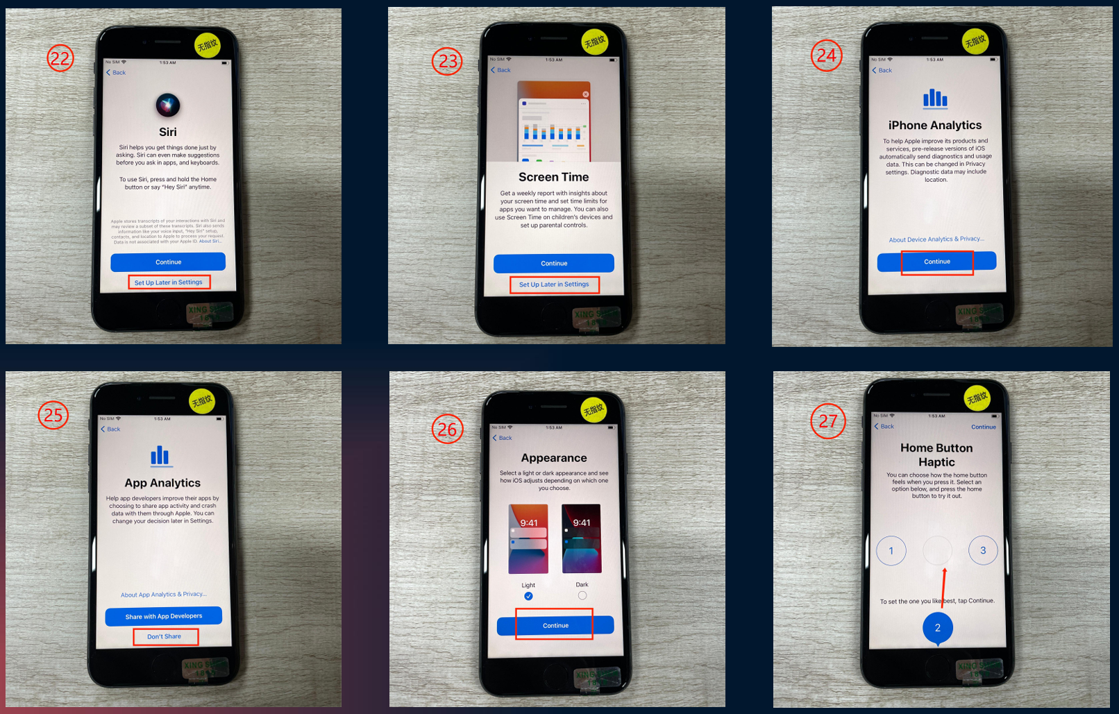 图片展示了在iPhone上还原设置并清除所有设置的步骤。从左上到右下依次为:22. Siri界面,点击“Continue”;23. Screen Time界面,点击“Continue”;24. iPhone Analytics界面,点击“Continue”;25. App Analytics界面,点击“Continue”;26. Appearance界面,点击“Continue”;27. Home Button Haptic界面,点击“Continue”。这些步骤与文档中介绍的TikTok下载安装步骤相关,是还原iPhone并清除所有设置的操作流程。