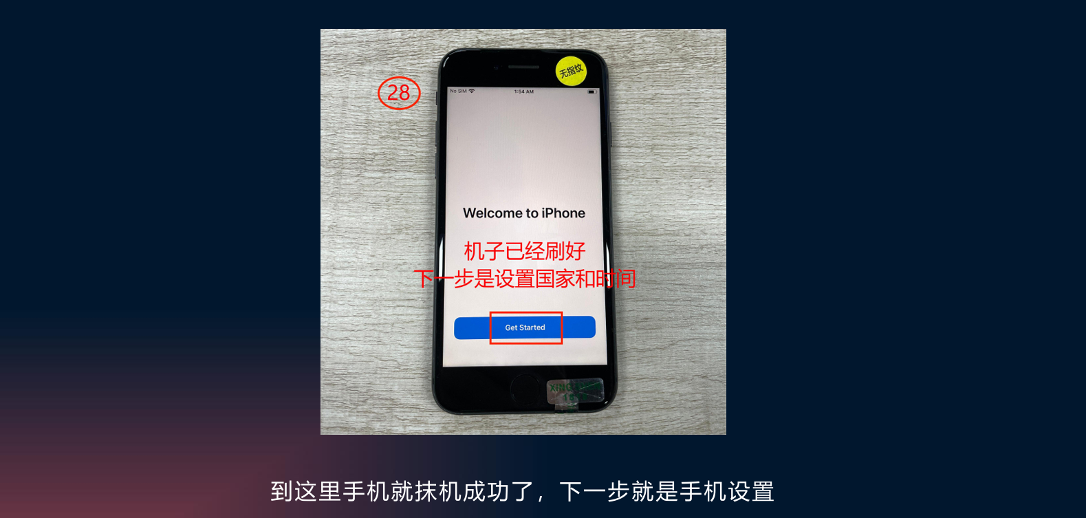图片展示了一部手机屏幕,显示“Welcome to iPhone”及“Get Started”按钮,上方有红色框标注“28”和“已刷好”。画面中文字提示“机子已经刷好,下一步是设置国家和时间”。图片位于介绍TikTok如何下载安装的步骤中,对应文档中“打开手机 - 拔掉国内卡 - 设置 - 通用 - 还原iPhone - 清除所有设置”步骤后的说明,表明手机抹机成功后,下一步是进行手机设置。