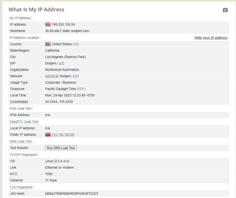 图片展示的是一个查询IP地址信息的界面,标题为“What Is My IP Address”。界面上方显示IP地址为199.230.105.54,主机名为36.69.e6c7.static.sudjam.com。下方详细列出国家(美国)、州/地区(加利福尼亚)、城市(洛杉矶 - Ranchito Park)、ISP(Sudjam, LLC)、组织(Northshore Automation)、网络(AS19740 Sudjam, LLC)、时区(太平洋日光时间)、本地时间(2023年4月24日12:23:49)、坐标(34.0434,-118.4220)等信息。该图片与文档中“查询TikTok账号IP地址和运营商”部分内容相关,用于展示查询IP地址信息的示例。