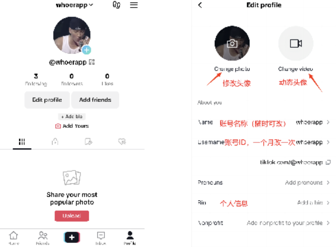 图片展示了TikTok账号设置界面。左侧为账号主页,显示头像、账号名、粉丝数、关注数、获赞数等信息,有“Edit profile”“Add friends”等操作选项。右侧是编辑个人资料页面,可修改头像、动态头像、账号名称、TikTok ID、个人信息等,还设有“Add pronouns”“Add bio”“Add nonprofit to your profile”等添加信息选项。该图片与文档中“TikTok账号设置及功能详解”内容相关,直观呈现了账号设置的操作界面。