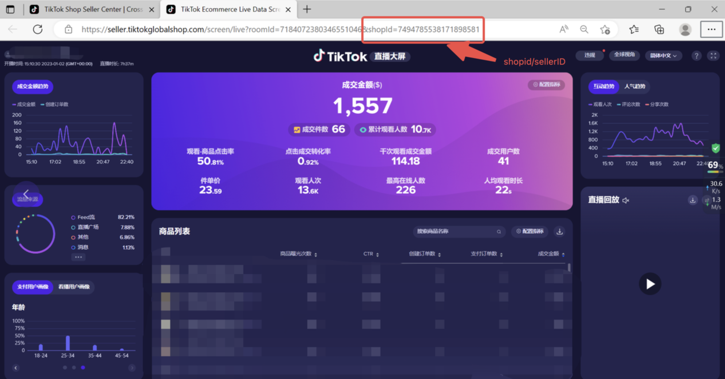 图片展示的是TikTok Shop Seller Center的直播大屏截图,用于商家自查SellerID。画面中,浏览器地址栏突出显示“shopid=74947855381717189581”,该数字即为Shopid/Sellerid。此图与上文介绍的商家自查SellerID方式相呼应,直观呈现了在直播大屏中查找SellerID的操作结果,帮助商家确认其店铺的Shopid/Sellerid对应情况。