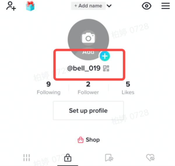 图片展示了TikTok账号个人主页界面,红框突出显示了账号的handle“@bell_019”。该图片与文档中“TikTok账号的handle(即TikTok昵称)就是个人页@后面的部分”这一内容相关,直观呈现了TikTok账号handle的查找位置,帮助用户了解如何在TikTok个人主页找到账号handle。