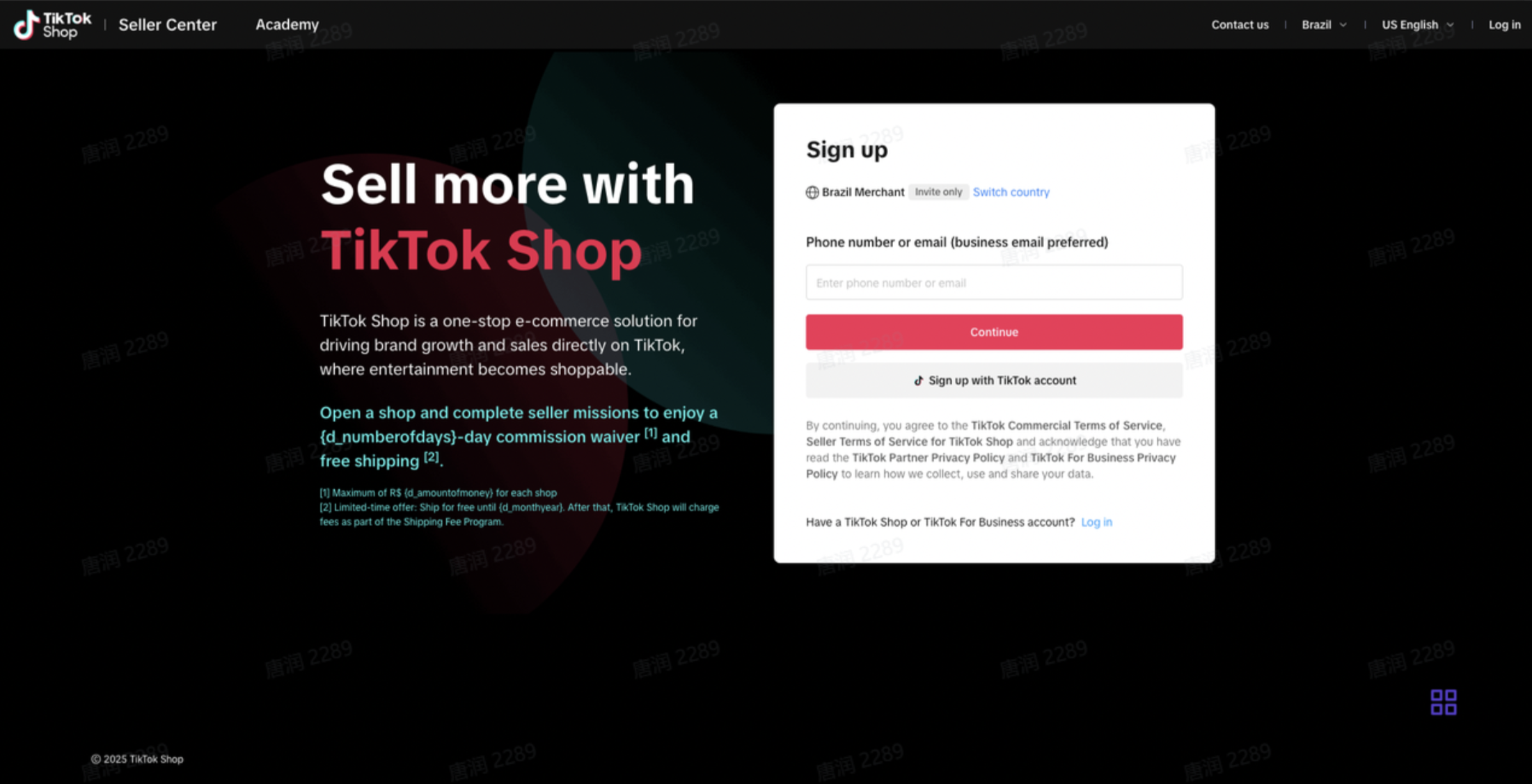 图片展示的是TikTok Shop巴西版的注册页面。左侧以红色大字突出“Sell more with TikTok Shop”，并介绍其为在TikTok上驱动品牌增长和销售的一站式电商解决方案。右侧是注册表单，标题为“Sign up”，有“Brazil Merchant”选项，下方有“Phone number or email (Business email preferred)”输入框，以及“Continue”和“Sign up with TikTok account”按钮。该图片与文档中“本土开店流程”里“注册TTS账号”部分对应，直观呈现了注册操作界面。