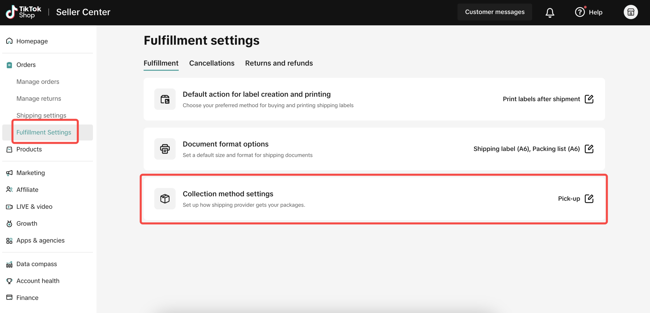 图片展示了TikTok Shop卖家中心的“Fulfillment settings”页面。左侧导航栏中“Fulfillment Settings”被红色框突出显示。右侧页面中，“Collection method settings”部分也被红色框突出，其右侧有“Pick-up”选项。该图片与文档中“发货步骤”内容相关，对应“我的账户>账户设置>仓库设置>添加仓库”操作后的设置环节，用于设置发货方式，其中“Collection method settings”即为设置发货方式的选项。