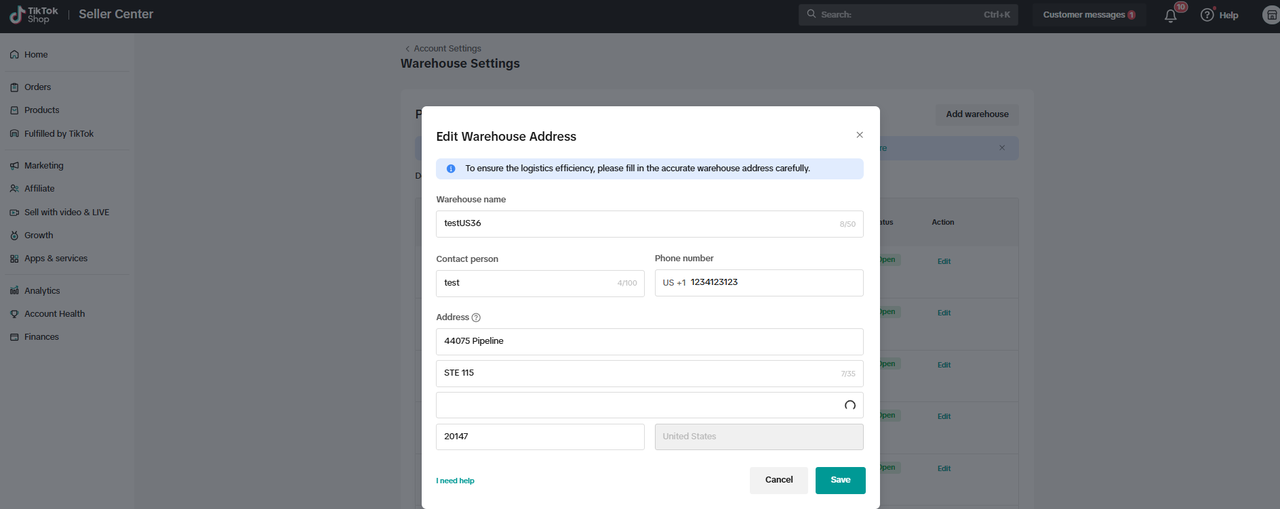 图片展示的是TikTok Seller Center中编辑仓库地址的界面。界面上方显示“Warehouse Settings”（仓库设置），下方弹出“Edit Warehouse Address”（编辑仓库地址）窗口，提示确保物流效率，请仔细填写准确的仓库地址。窗口中有仓库名称、联系人、电话号码、地址等信息填写区域，地址部分显示“44675 Pipeline 576 115”，下方有“20147”和“United States”选项。该图片与文档中“发货步骤”里编辑仓库地址的内容对应，直观呈现了编辑仓库地址的操作界面。