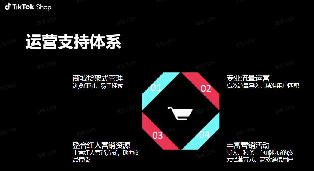 图片展示了TikTok Shop运营支持体系的内容。左侧上方为“运营支持体系”标题,下方有“商城货架式管理”“整合红人营销资源”“丰富营销活动”三个板块,分别对应浏览便利、易于搜索,丰富红人营销方式、助力商品传播,新人、秒杀、包邮构成的多元经营方式、高效链接用户等内容。右侧有“专业流量运营”板块,内容为高效流量导入、精准用户匹配。图片与上下文紧密相关,直观呈现了TikTok全托管模式下的运营支持体系。
