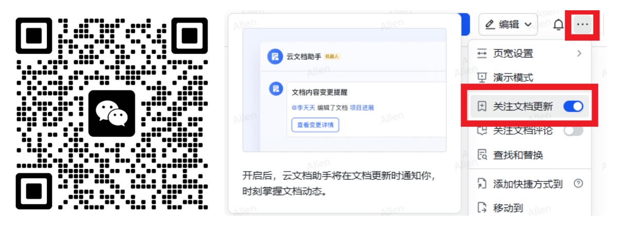 图片展示了云文档助手的使用界面。左侧是二维码,中间有云文档助手的头像及“文档内容变更提醒”功能介绍,下方说明开启后云文档助手将在文档更新时通知。右侧是云文档助手的更多功能菜单,其中“关注文档更新”功能被红色框突出显示,开关处于开启状态。该图片与文档中介绍云文档助手功能的内容相关,直观呈现了其“关注文档更新”功能的操作位置。