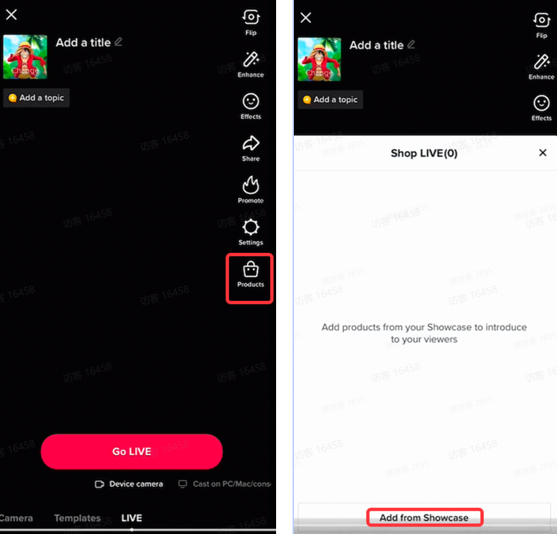 图片展示了TikTok直播中添加商品的操作界面。左侧为直播准备界面,有“Add a title”“Add a topic”等输入框,下方有“Go LIVE”按钮,右侧是功能菜单,其中“Products”选项被红色框突出显示。右侧界面为Shop LIVE界面,提示“Add products from your Showcase to introduce to your viewers”,底部有“Add from Showcase”按钮,该按钮也被红色框突出显示。此图与上文“TikTok如何在直播中添加商品”内容相关,直观呈现了添加商品的操作位置。