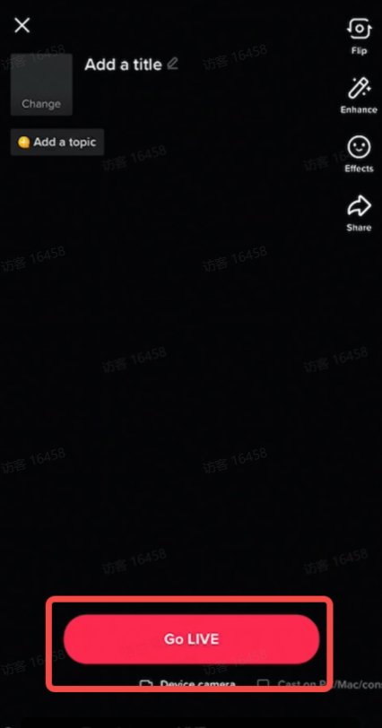 图片展示的是TikTok直播界面中准备直播的弹窗。弹窗上方有“Add a title”和“Add a topic”输入框,分别用于添加标题和话题。画面右上角有“Flip”“Enhance”“Effects”“Share”等功能图标。弹窗底部有一个红色的“Go LIVE”按钮,用于开始直播。该图片与上文“TikTok账号,点击+号,开播”内容相关,直观呈现了在TikTok直播前添加标题、话题并点击“Go LIVE”按钮开始直播的操作界面。