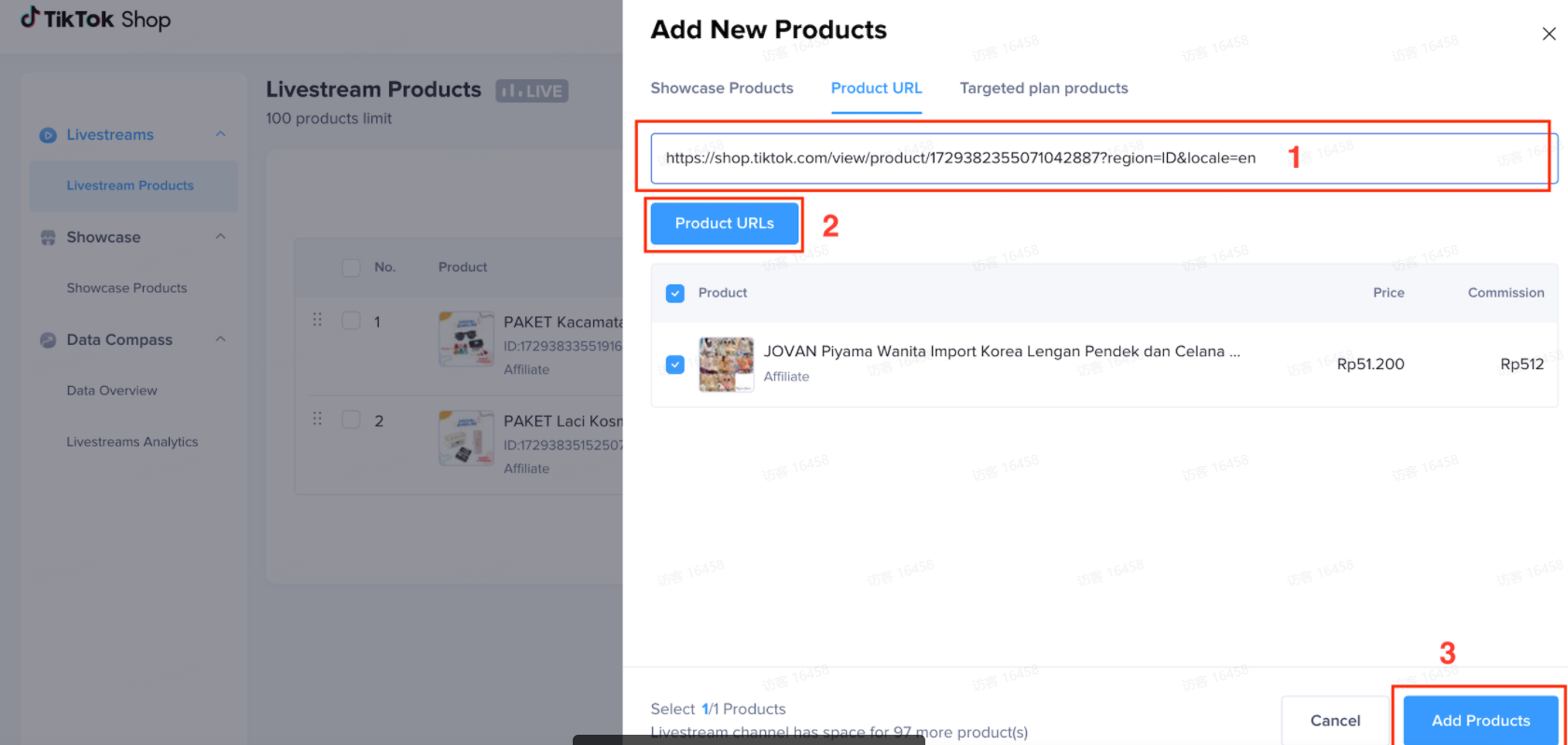 图片展示了TikTok Shop后台添加直播商品的操作界面。左侧为后台导航栏,选中“Livestream Products”。右侧是“Add New Products”弹窗,有“Showcase Products”“Product URL”“Targeted plan products”三个选项卡,当前选中“Product URL”。弹窗中有一个红色框突出显示的输入框,内有产品URL,下方有“Product URLs”按钮,再下方是“Add Products”按钮。该图片与文档中“也可以在Dashboard中添加商品”部分内容对应,直观呈现了从Dashboard添加商品中“Product URL”方式的操作界面。
