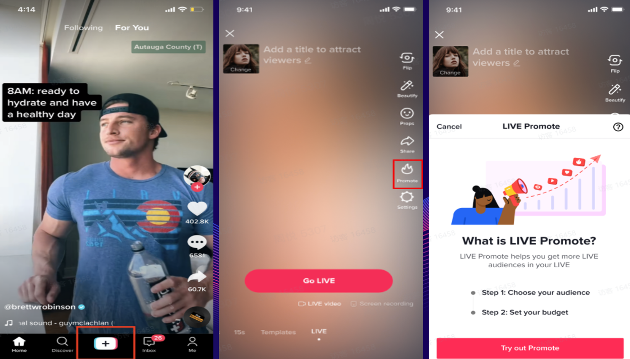 图片展示了TikTok直播界面及“Promote”功能操作。左侧显示用户brettwrobinson的直播界面,右下角有“+”图标。中间界面滑动至“LIVE”界面,右侧有“Promote”选项。右侧界面为“LIVE Promote”介绍,说明其帮助增加直播观众,有选择观众和设置预算两步,底部有“Try out Promote”按钮。该图片与上文“Promote使用流程(直播)”内容对应,直观呈现了开启直播加热的操作步骤。