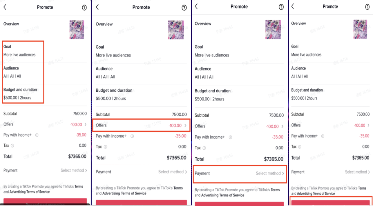 图片展示了TikTok Promote直播加热设置界面。左侧界面显示目标为吸引更多直播观众,用户群体为所有人,预算和时长为500美元/2小时,优惠券为-100美元,总费用为7365美元,支付方式需选择。中间界面与左侧类似,但优惠券为-400美元。右侧界面与前两者相同,优惠券为-400美元。这些设置与上文提到的设置直播间推送用户群体、预算和投放持续时间等内容对应,是开启直播加热前的配置步骤。