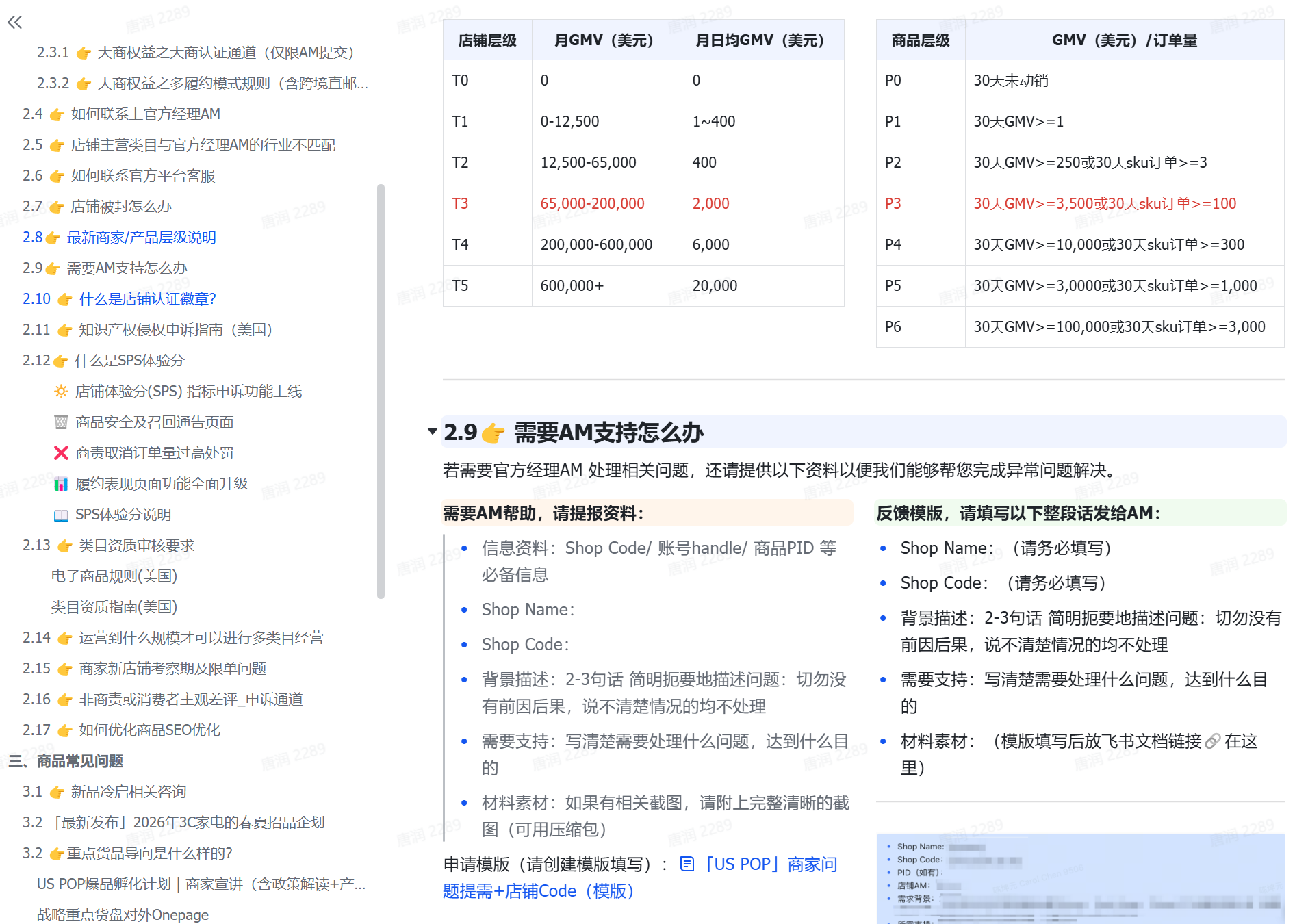 图片展示了TikTok Shop美区POP 3C家电行业解决方案中关于店铺等级与GMV、订单量对应关系的内容。表格分为店铺等级和商品等级两部分,分别列出不同等级对应的月度GMV、日均GMV及订单量。如T0店铺等级对应0 - 12,500美元月GMV、1 - 400美元日均