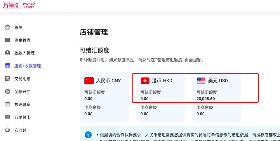 图片展示了万里汇平台的店铺管理页面,重点突出可结汇额度部分。页面显示人民币CNY、港币HKD、美元USD三种币种的可结汇额度,其中港币和美元额度为0.00,人民币额度为0.00。下方有电商余额信息,同样三种币种余额均为0.00。该图片与文档中关于TikTok私域回款提现方式的介绍相关,可能用于说明万里汇平台的币种结汇情况。