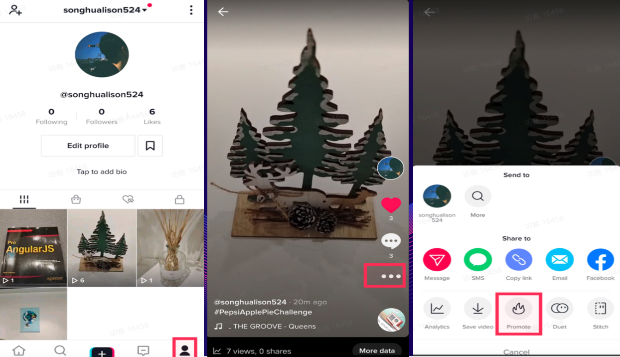 图片展示了TikTok平台中Promote短视频的入口操作。左侧为用户个人主页界面,中间是视频列表,右侧是视频详情页。在视频详情页中,视频右下角有三个点的图标,点击后弹出下拉菜单,其中“Promote”选项被红色框突出显示。该图片与上文“Promote入口(二选一)路线2:从视频列表进入”内容对应,直观呈现了从视频列表进入Promote操作的步骤,即从个人主页进入选择视频后,点击视频设置图标,再选择Promote选项。