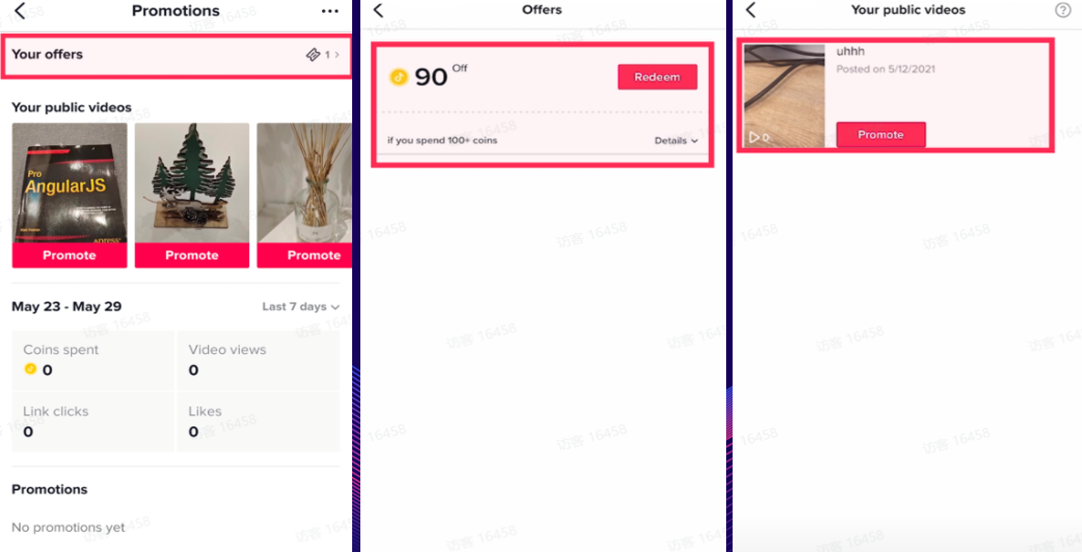 图片展示了TikTok Promote相关页面。左侧显示“Your offers”页面,有“Your public videos”板块,呈现3个视频封面及“Promote”按钮。中间是“Offers”页面,有“90 Off”优惠信息,若花费100+硬币可使用,下方有“Details”按钮。右侧是“Your public videos”页面,显示一个视频封面及“Promote”按钮。这些页面与文档中“Promote下单”场景2中“有优惠券下单”步骤相关,直观呈现了从Promote主页选择优惠券下单及从订单详情页选择优惠券下单的操作界面。