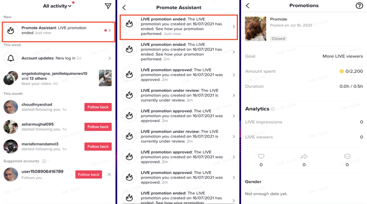 图片展示了TikTok平台中Promote Assistant的相关界面。左侧界面显示“Promote Assistant LIVE promotion ended Just now”;中间界面有“LIVE promotion ended”字样,下方有“See how your promotion performed. Just now”等信息;右侧界面呈现Promote相关数据,如“Amount spent”为0.00美元,“Duration”为0.0h / 0.5h等。这些界面与文档中介绍的Promote短视频使用流程相关,直观呈现了Promote的结束通知及相应数据情况。