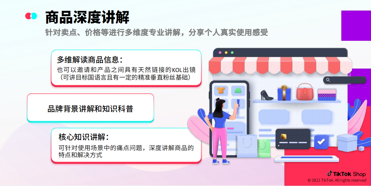 图片展示了TikTok商品深度讲解的内容。上方标题为“商品深度讲解”，介绍针对卖点、价格等多维度专业讲解，分享个人真实使用感受。下方分为三个板块：多维解读商品信息，可邀请KOL出镜；品牌背景讲解和知识科普；核心知识讲解，可针对痛点问题深度讲解商品特点和解决方式。图片与上下文紧密相关，是对TikTok商品讲解类短视频制作方法的说明。
