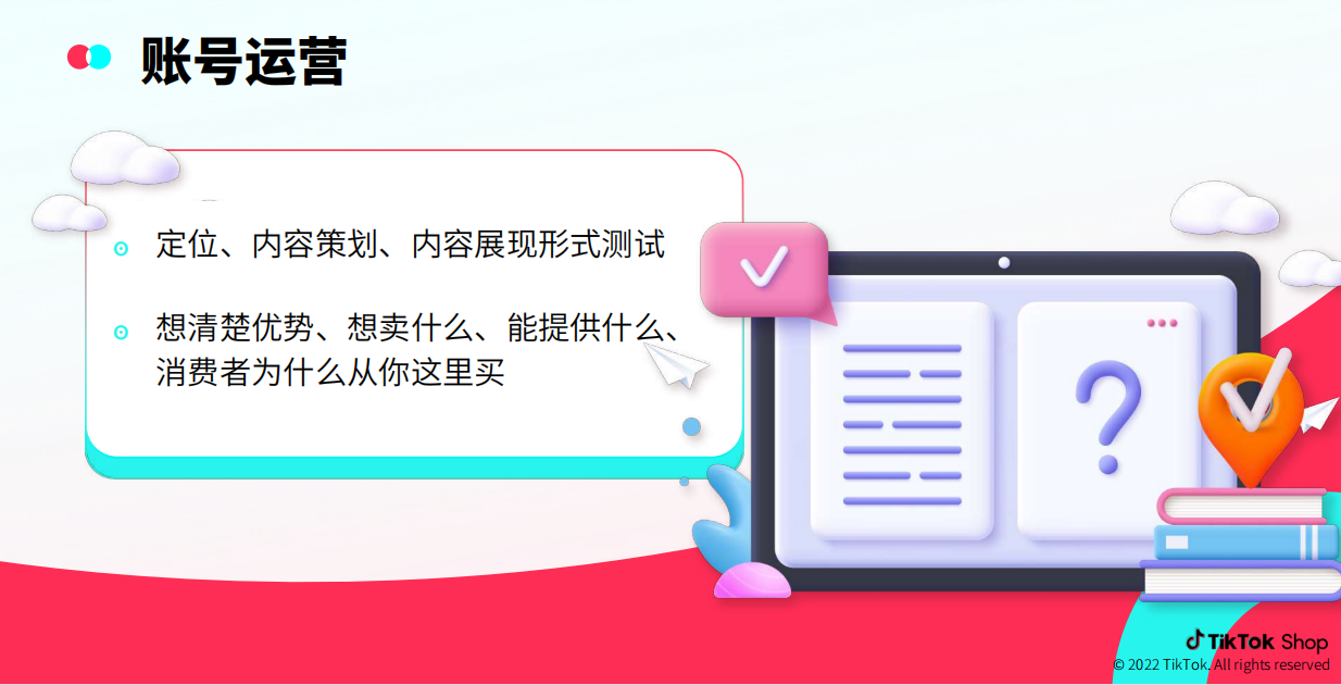图片标题为“账号运营”，内容包括两点：一是定位、内容策划、内容展现形式测试；二是想清楚优势、想卖什么、能提供什么、消费者为什么从你这里买。图片右侧是一台平板电脑，左侧有问号和书籍等元素，右下角有TikTok Shop标志及“© 2022 TikTok All rights reserved”字样。该图片与文档中“TikTok账号运营（产品卖点，客户为什么买）”部分内容相关，直观呈现了账号运营中需考虑的关键点。