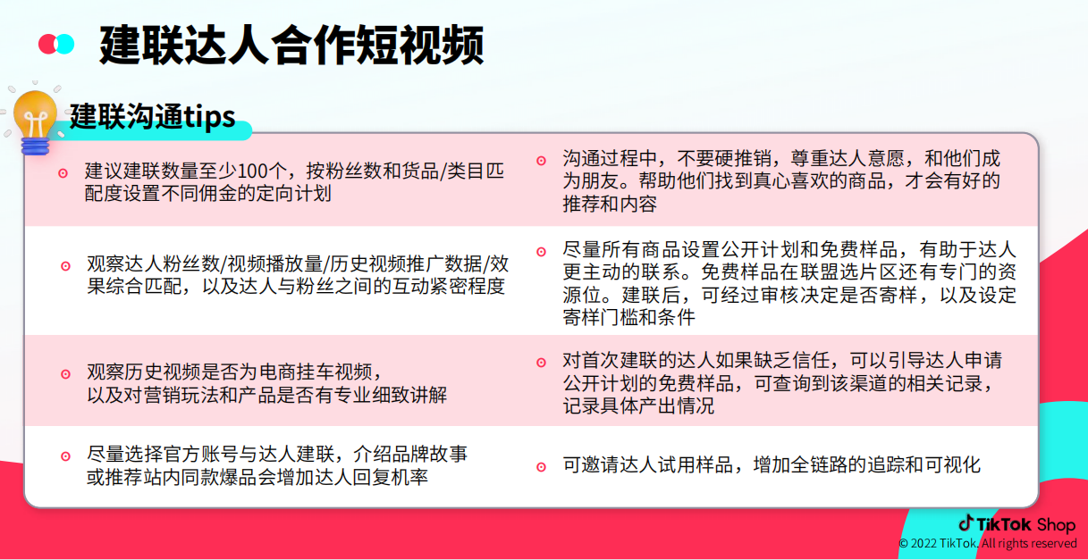 图片标题为“建联达人合作短视频”，展示了建联达人合作短视频的沟通tips。内容包括建议建联数量至少100个，按粉丝数和货品/类目匹配度设置不同佣金的定向计划；沟通中不要硬推销，尊重达人意愿；观察达人粉丝数/视频播放量等数据，以及与粉丝互动紧密程度；观察历史视频是否为电商挂车视频，对营销玩法和产品讲解是否细致；尽量选择官方账号与达人建联，介绍品牌故事或推荐站内同款爆品；所有商品设置公开计划和免费样品，有助于达人更主动联系；对首次建联达人缺乏信任时，可引导申请公开计划的免费样品；邀请达人试用样品，增加全链路追踪和可视化。
