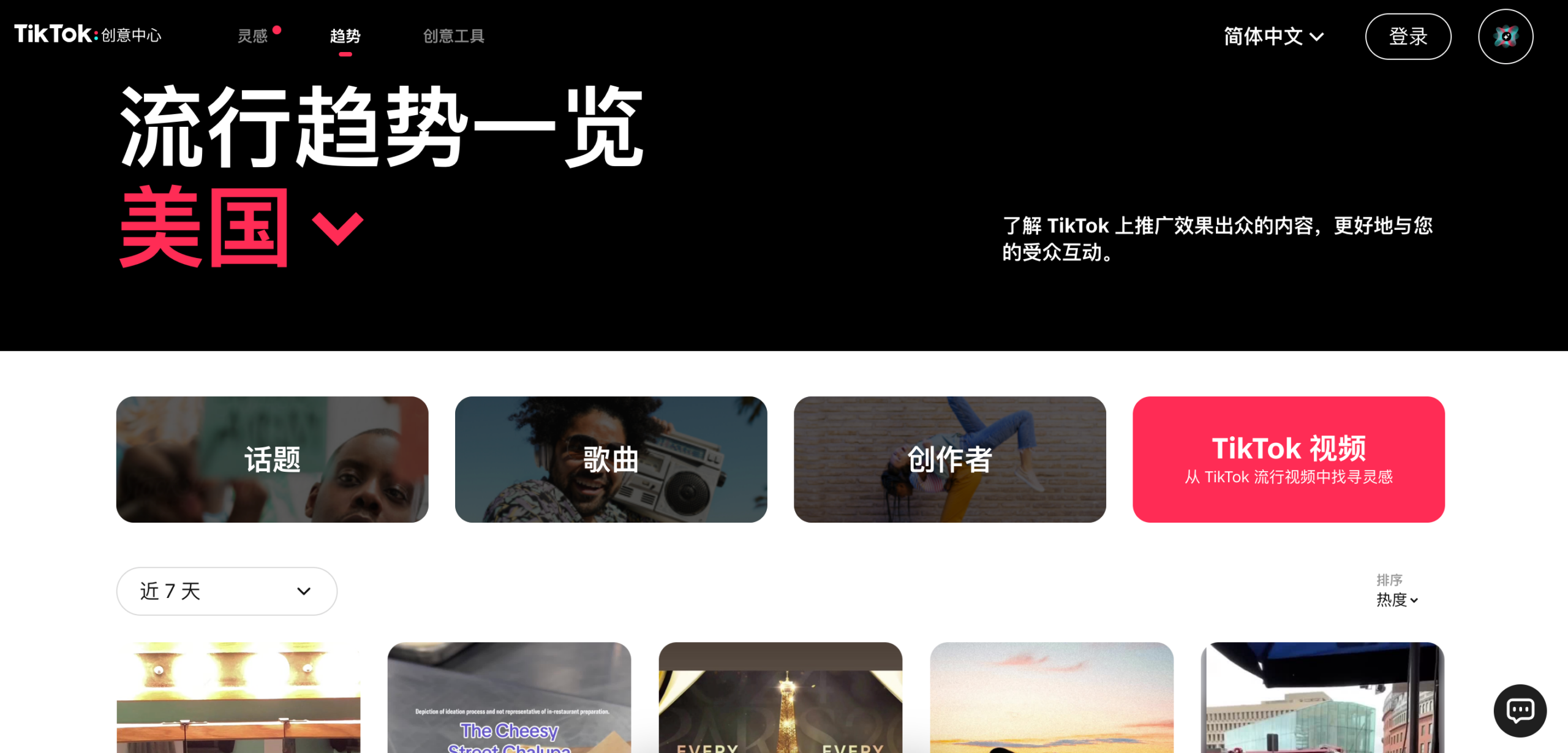图片展示的是TikTok创意中心的“流行趋势一览”页面,以美国为例。页面上方有“流行趋势一览”及“美国”字样,右上角有语言选择、登录和消息图标。下方有“话题”“歌曲”“创作者”三个板块,以及一个红色的“TikTok视频”按钮,可从TikTok流行视频中找灵感。页面还显示了近7天的视频内容,有“The Cheesy”“EVERY”等视频缩略图。该页面帮助商家跳出行业,了解TikTok上推广效果出众的内容,更好地与受众互动。